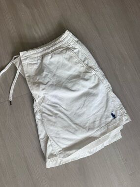 Ralph Lauren White Athletic Drawstring Shorts with Navy Polo Logo